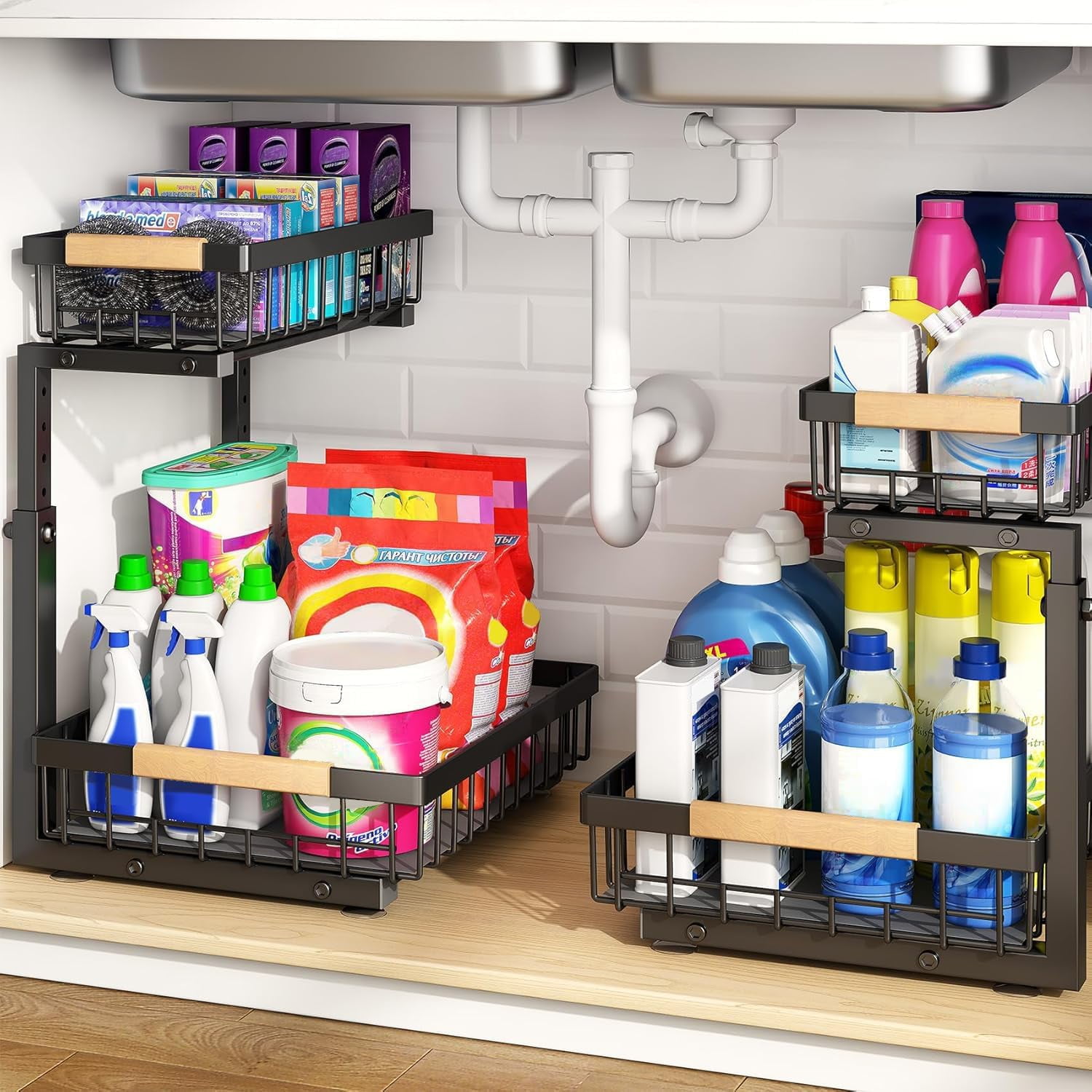 Under Sink Organizer, Adjustable Height, 2 Tier Pull Out Under Cabinet Organizer, Slide Out Thickened Metal Under Sink Storage for Kitchen Bathroom Laundry Pantry Cabinet