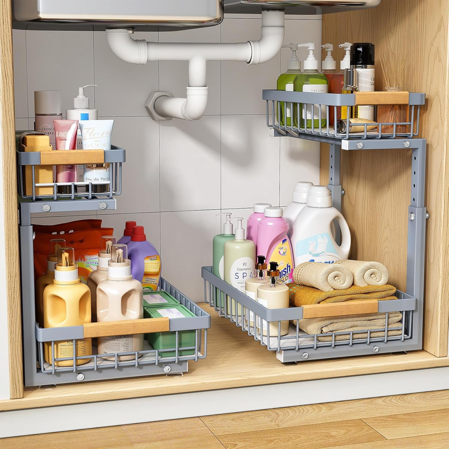 PXRACK Under Sink Organizer, Adjustable Height, 2-Pack 2 Tier Pull Out Under Cabinet Organizer, Slide Out Thickened Metal Under Sink Storage for Kitchen Bathroom Laundry Pantry Cabinet, L, White