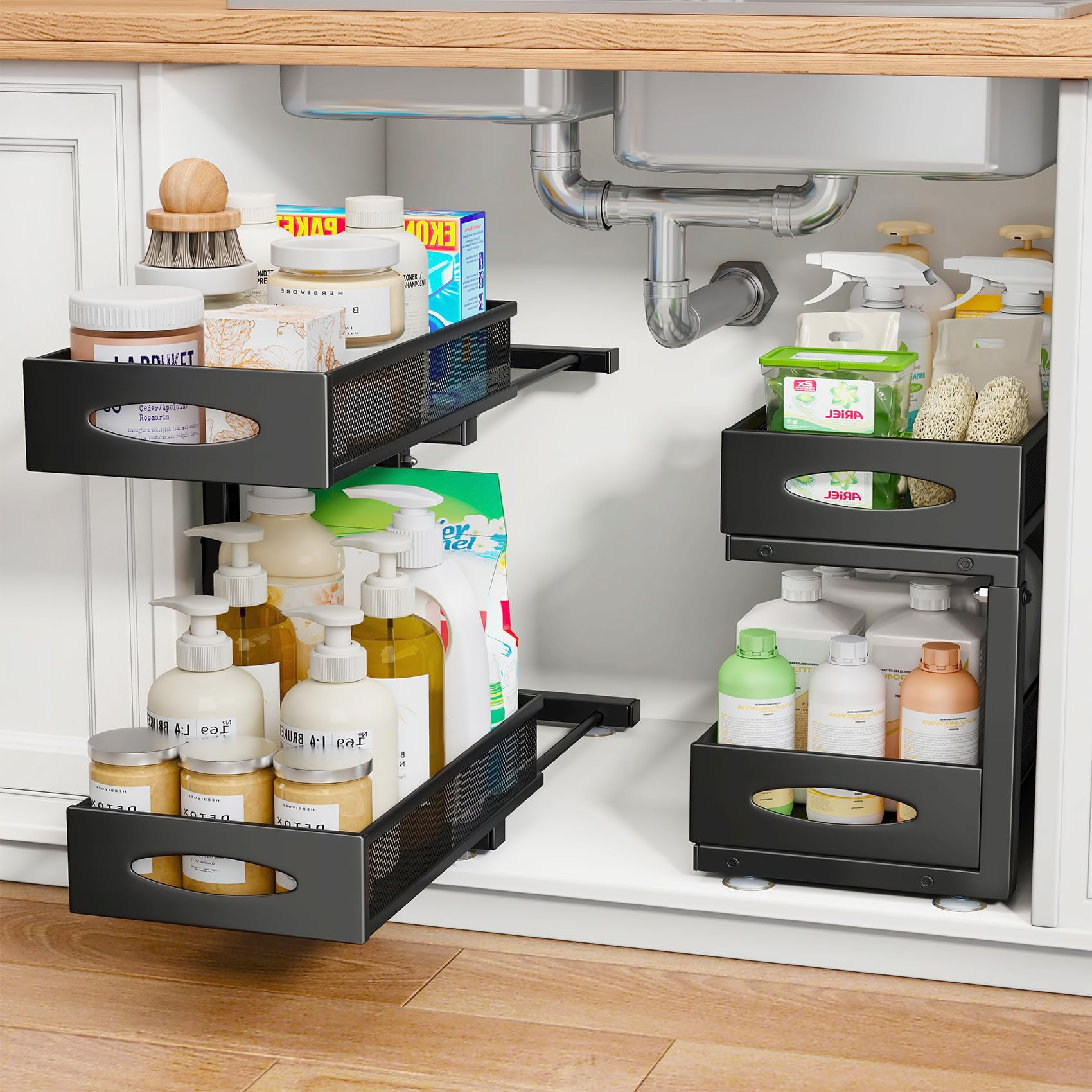 White Expandable Under Sink Organizer with Sliding Shelves