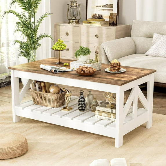 PXXOO 39” Farmhouse Coffee Table for Living Room, 2-Tier Modern Living Room Table with Storage Shelf, Rustic Rectangular Center Table Space Saving Home Furniture (Rustic Oak & White)