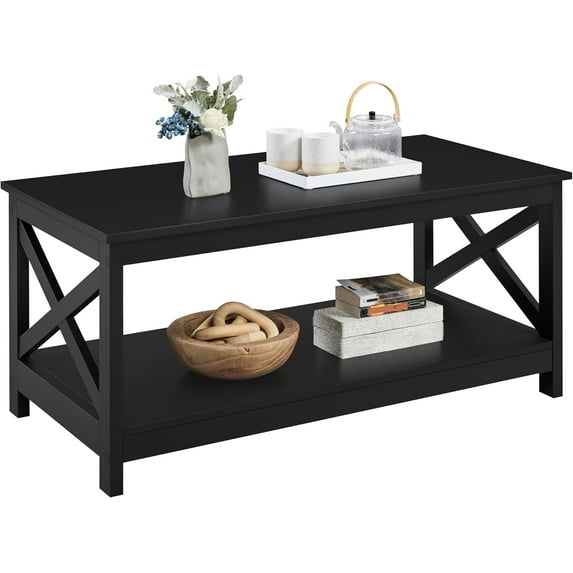 PXXOO Wood 2-Tier Black Coffee Table with Storage Shelf for Living Room, X Design Accent Cocktail Table, Easy Assembly Home Furniture, 39.5 x 21.5 x 18 Inches