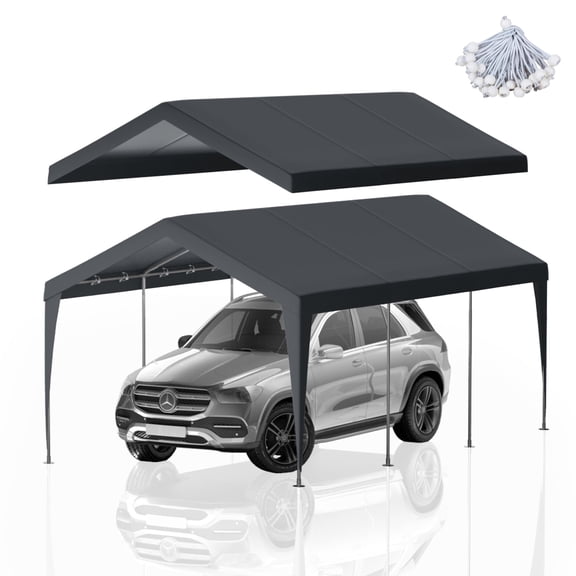 PXZEE 10x20 FT Portable Garage Replacement Top Canopy Cover, Shelter Tent Party Tent for Car with 46 Ball Bungees Cords Gray (Only Top Cover, Frame is not Included)