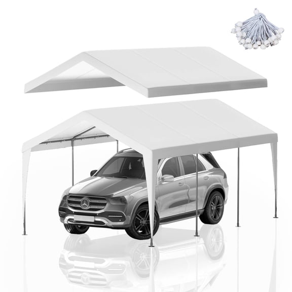 PXZEE 10x20 FT Portable Garage Replacement Top Canopy Cover, Shelter Tent Party Tent for Car with 46 Ball Bungees Cords Gray (Only Top Cover, Frame is not Included)