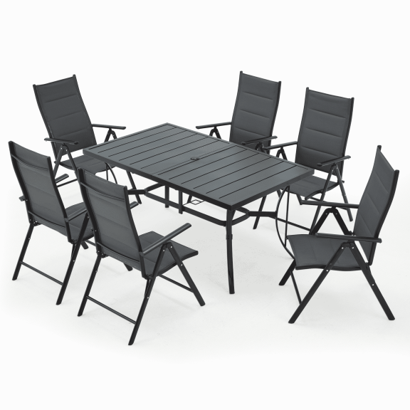 PXZEE 7-Piece Patio Dining Set Outdoor Textilene Swivel Padded Chair and Table, 6 Stackable Sling Chairs, Low-Maintenance Weather-Resistant, Includes 1.57" Umbrella Hole