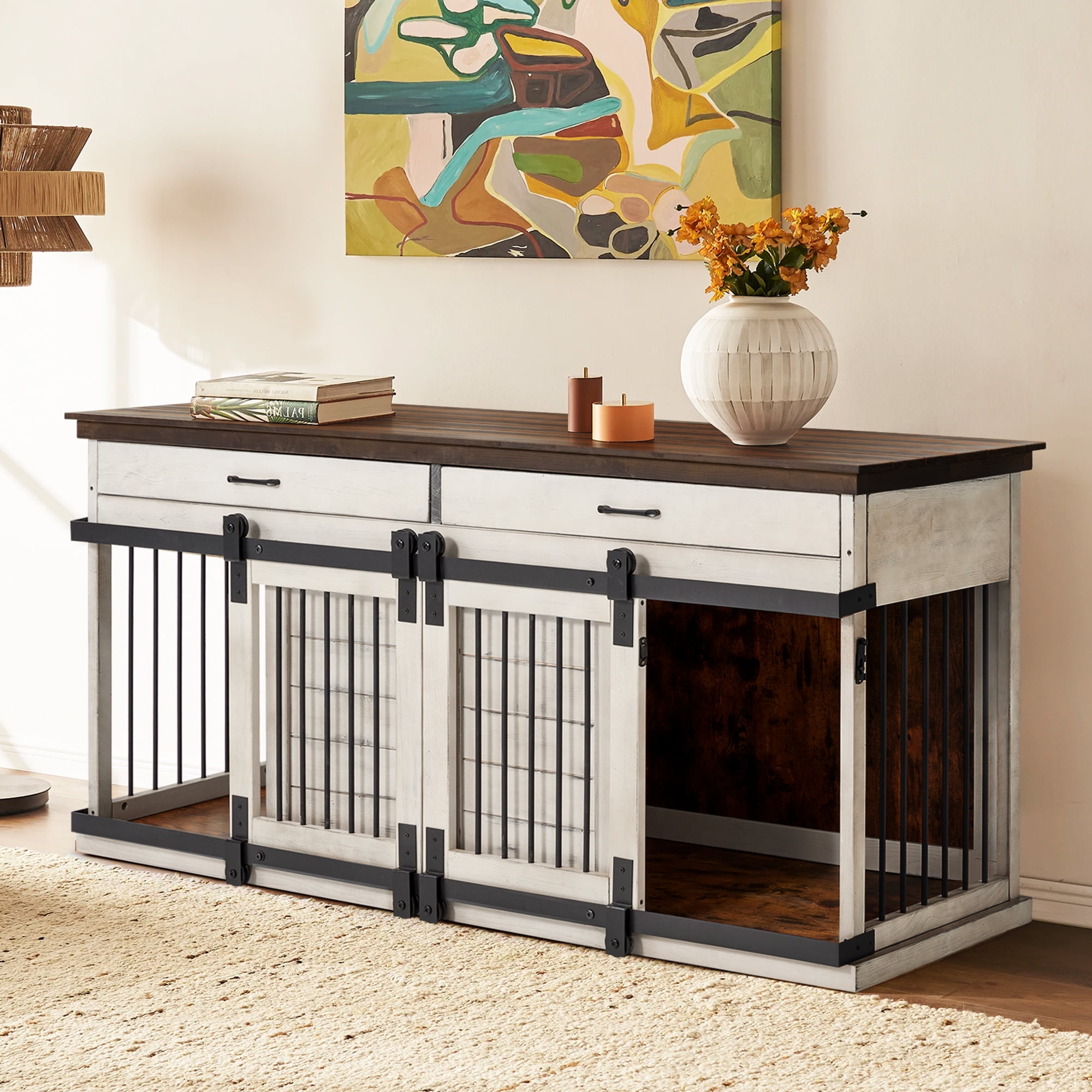 Large White Wood Dog Crate Table with Drawers