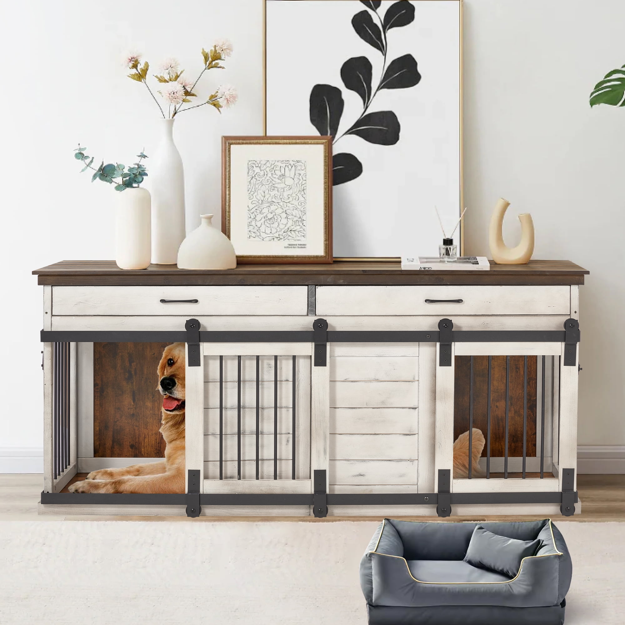 Large White Wood Dog Crate Table with Drawers