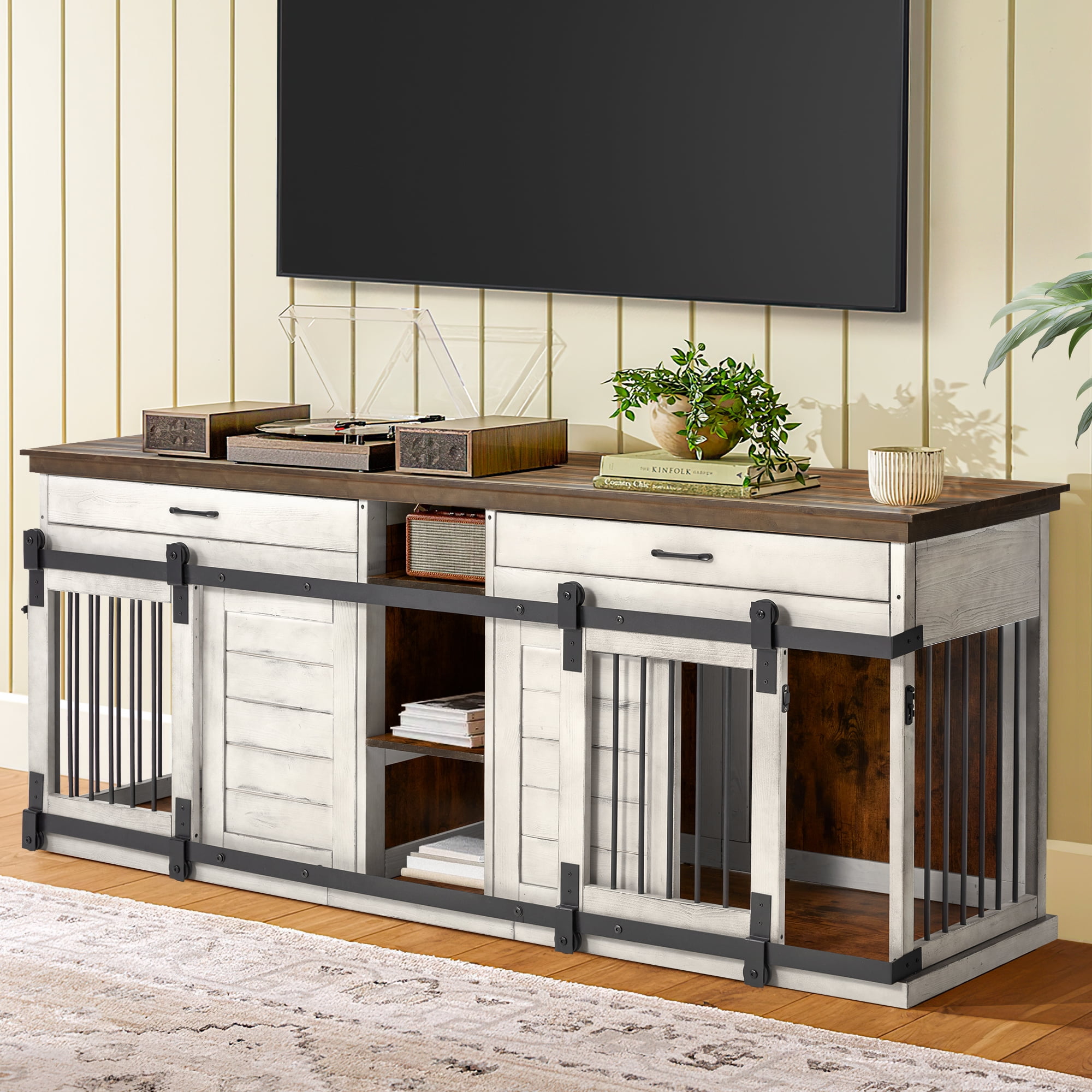 Large White Wood Dog Crate Table with Drawers