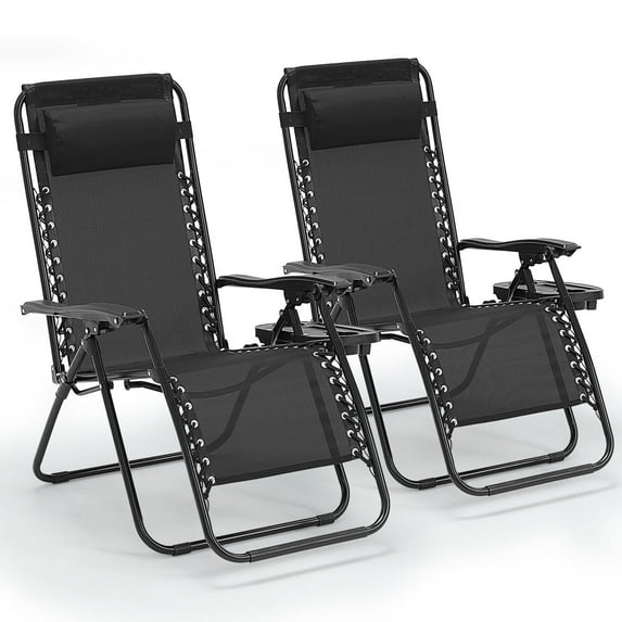 PXZEE Foldable Zero Gravity Chairs 2 Pack with Adjustable Pillow and Cup Holder Trays, Folding Lounge Chairs for Backyard or Beach, Black