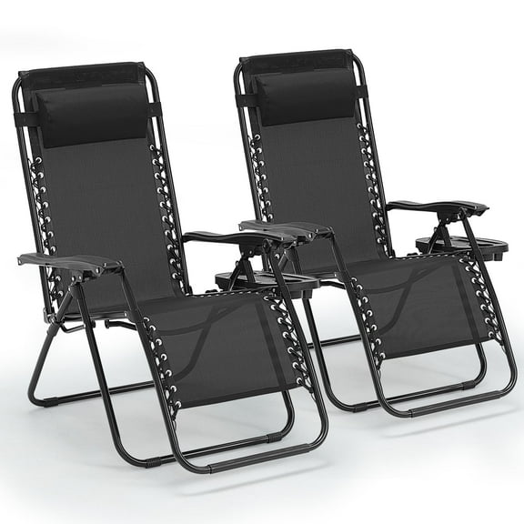 PXZEE Foldable Zero Gravity Chairs 2 Pack with Adjustable Pillow and Cup Holder Trays, Folding Lounge Chairs for Backyard or Beach, Black