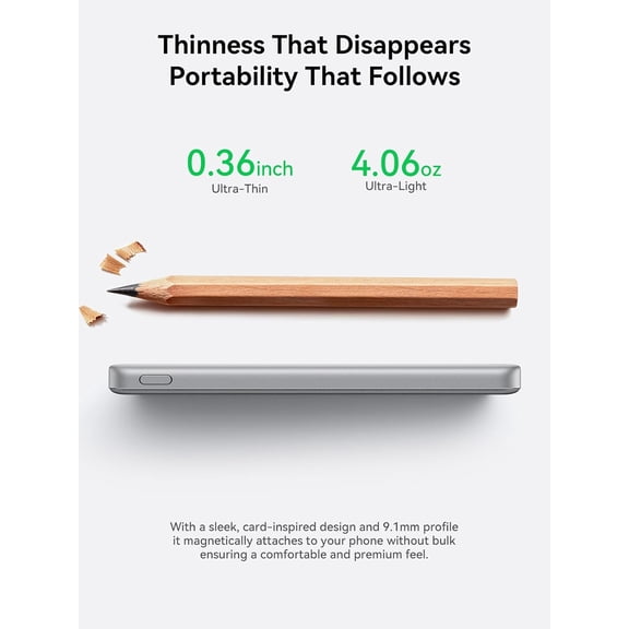 PYAN-0.3'' Ultra Slim for MagSafe Portable Charger, 5000mAh Card Slim Magnetic Power Bank,15W Wireless Fast Charging Battery Pack for iPhone 17 Air 16 15 14 13 12 Pro Max Plus(Argent Silver)