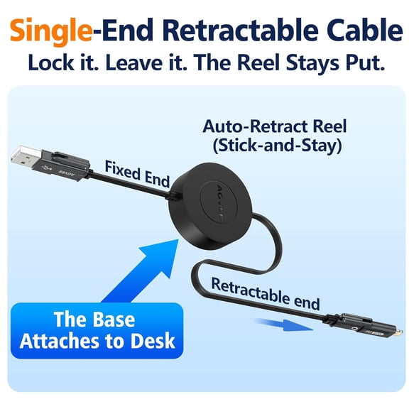 PYAN-0.3ft Fixed / 2.3ft Extend 4 in 1 Multi USB Charger Cable Mountable One Way Retractable 60W Fast Charging Cord, Pocket-Sized for iPhone 16 15 14 13 12 11, Samsung, Android, Desk Organizer, Black