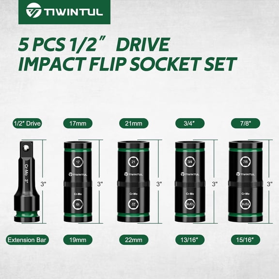PYAN-1/2" Lug Nut Socket Set, 5Pcs Impact Flip Socket Set, CR-MO Steel, 6-Point, Double Ended Thin Wall Wheel Socket Set with Extension Bar, Metric 17-19 21-22 mm & SAE 3/4"-13/16", 7/8"-15/16"