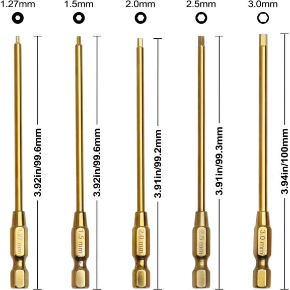 PYAN-1.27mm 1.5mm 2.0mm 2.5mm 3.0mm Hex Bit Set Allen Wrench Drill Bits Compatible with Power Drills Impact Driver Electric Screwgun RC Tool Kit (5-Pack)