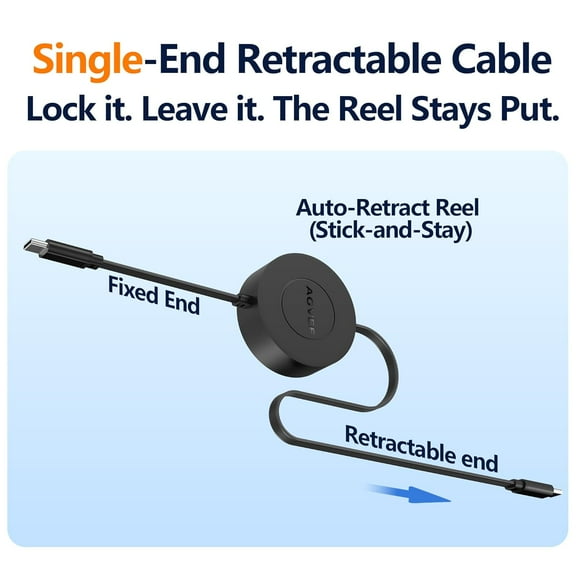 PYAN-1.6ft Fixed / 2.3ft Extend USB-C to C Charger Cable Mountable One Way Retractable 60W Fast Charging Cord, Pocket-Sized for iPhone 16 15, Samsung, Android, Desk Organizer, Black