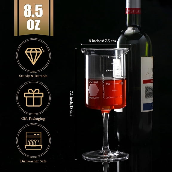 PYAN-1 Pcs Laboratory Beaker Wine Glasses, 8.5 oz Chemistry Glasses Thick Glass for Wine Borosilicate Glass with Graduated Chemistry Glassware Science Christmas Gift