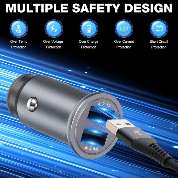 PYAN-10 Pack Dual USB Car Charger and Type C Cable Set 24w Fast Charging, Aluminum Alloy Adapter with Nylon Braid Cables Compatible with USB Powered Devices