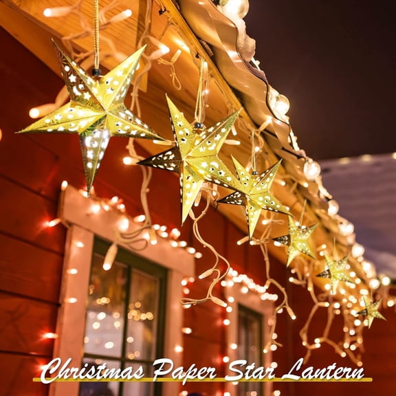 PYAN-10 Pcs Large 3D Gold Paper Star Lantern with 10 LED Lights 11.8 Inch 5 Point Hollow Hanging Paper Star Lampshade Decoration Light Lanterns for Wedding Birthday New Year Party Home Decor