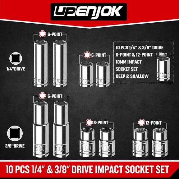 PYAN-10 Piece 1/4" & 3/8" Drive 10mm Socket Set, Deep & Shallow, Mirror Finish, 6 Point & 12 Point, Cr-V Steel