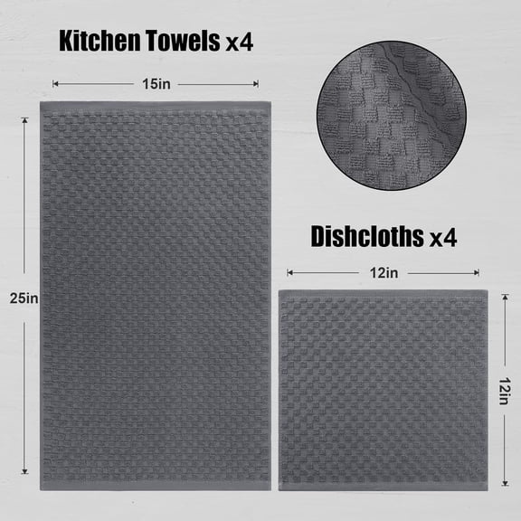 PYAN-100% Cotton Kitchen Towels and Dishcloths Set, 12 x 12 & 15 x 25 Inches, Set of 8 Bulk Super Soft and Absorbent Terry Cloth Dish Towels, Quick Drying Hand Towels with Hanging Loop, Dark Grey