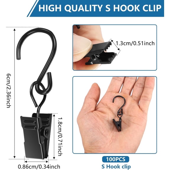 PYAN-100-Pack Heavy Duty S Hooks with Clips, 2.36 Inch Metal String Light Clips for Outdoor Patio, Rust-Proof Curtain Hooks for Hanging Christmas Lights, Party Decor, Gutters, Awning - Black