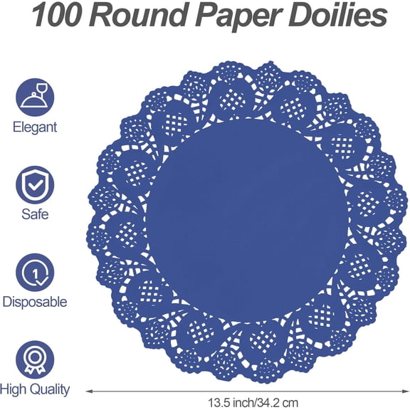 PYAN-100 Pack Round Blue Paper Doilies 13.5 Inches Lace Place Mats Rustic Scallop Doily Disposable Paper Table Pads for Food Cakes Crafts Party Weddings Tableware Decor