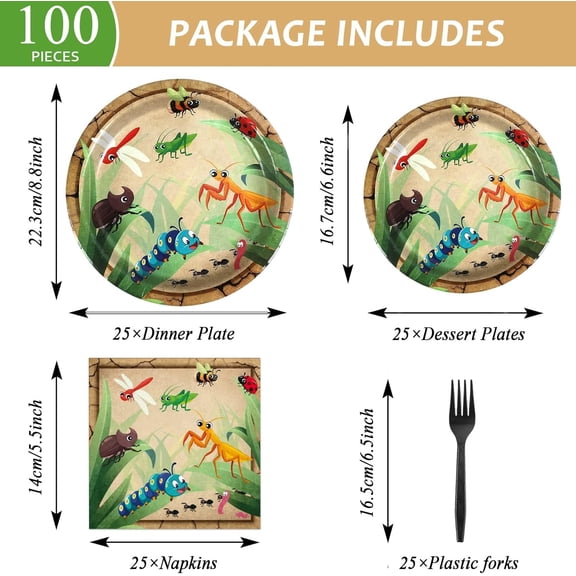 PYAN-100 Pcs Bug Party Plates Napkins Supplies, Spring Summer Ladybugs Bee Reptile Birthday Party Tableware Set Insect Birthday Party Decorations Favors for Boys Girls Serve 25