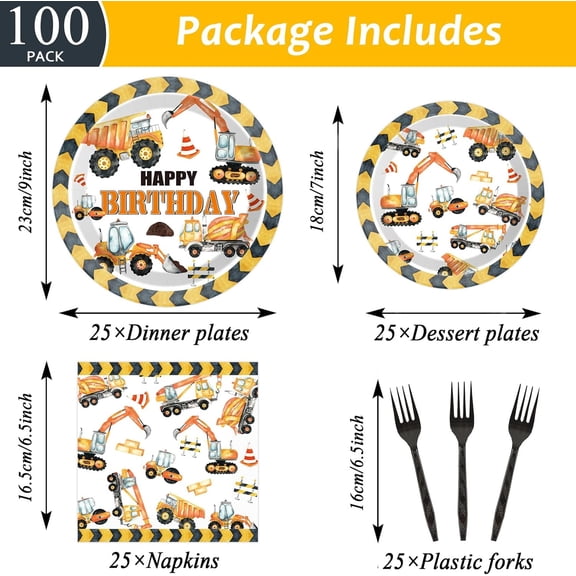 PYAN-100 Pcs Construction Birthday Party Plates and Napkins Set Dump Truck Birthday Party Decorations Supplies Construction Tableware Construction Themed Party Favors for Boys Birthday Serves 25