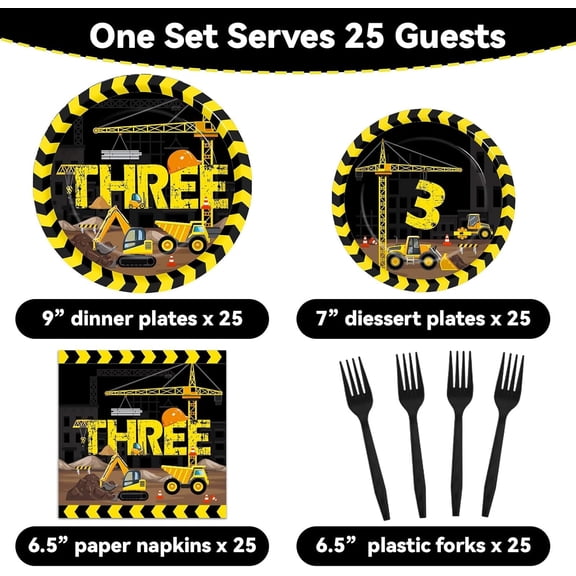 PYAN-100 Pcs Construction Plates and Napkins Set 3rd Birthday Party Decorations Dump Truck Themed Party Favors for 25 People