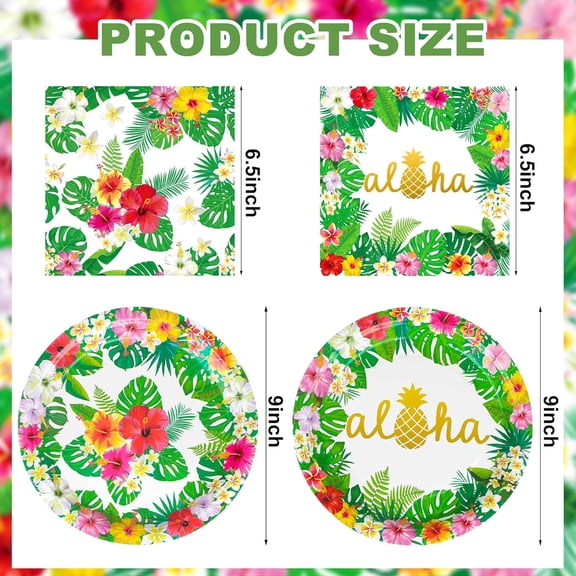 PYAN-100 Pcs Hawaiian Paper Napkins Plates Tropical Luau Party Supplies 9 Inch Disposable Plates and Party Napkins Tropical Palm Leaf and Hibiscus Aloha Summer Party Tableware Set, Serve for 25 Guest
