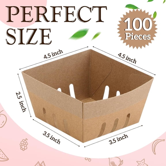PYAN-100 Pcs Pint Berry Basket Cardboard Containers (3.5 x 3.5 x 2.5 Inch) Strawberry Baskets Berry Containers Box for Fruit Produce Vented Box for Farmer Market Grocery Store Party Backyard