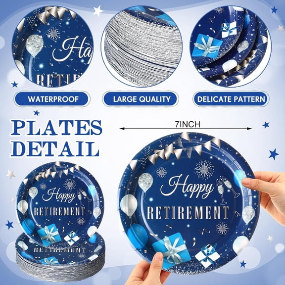 PYAN-100 Pcs Retirement Paper Plates Blue and Silver Happy Retirement Party Decoration 7 Inch Disposable Dessert Cake Plates Tableware Party Favors Supplies for Men Women Say Goodbye