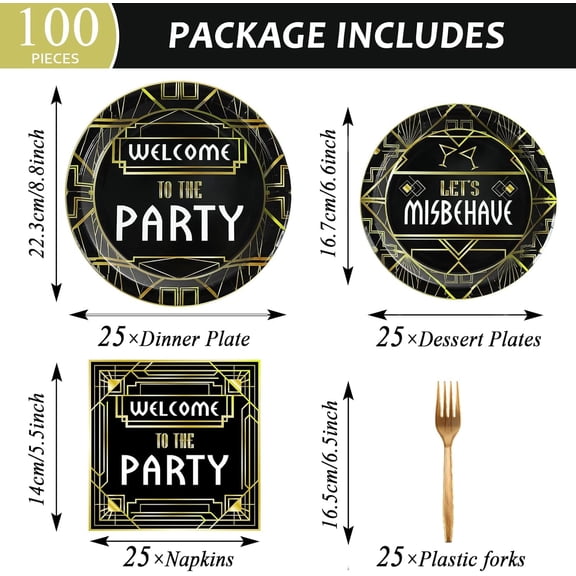 PYAN-100 Pcs Roaring 1920s Party Decorations, Speakeasy Misbehave Black Gold Birthday Party Decors Art Dcor Retro Murder Mystery Party Supplies for 1920s Vintage Flapper Wedding Supplies Serve 25