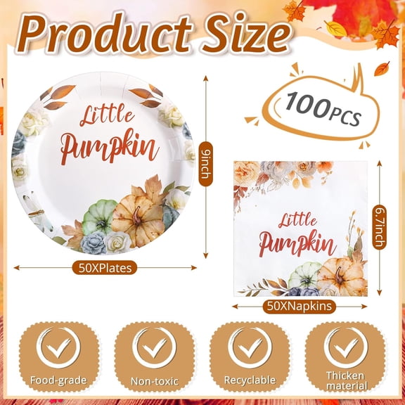 PYAN-100 Pcs Thanksgiving Plates and Napkins Sets Disposable Tableware Fall Paper Dinner Dessert Plates Dinnerware for Thanksgiving Party Supplies Serve 50(Novel Style)
