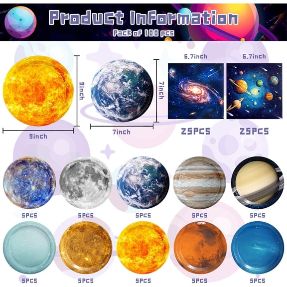 PYAN-100Pcs Space Themed Party Supplies Plates and Napkins for 25 Guests - Galaxy Planet Tableware Set Solar System Birthday Party Decorations