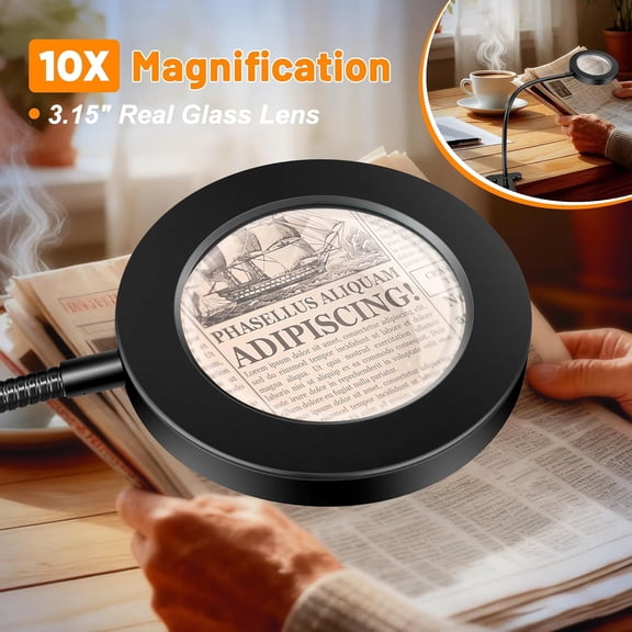 PYAN-10X Magnifying Glass with Light, 2 in 1 Magnifying Desk Lamp Clip on Mganifier with Light, 3 Color Modes 10 Brightness Levels, 58 LED Clip on Reading Lamp for Bed Crafts DIY Repair,No Adapter