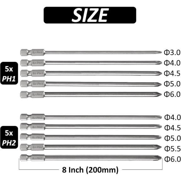 PYAN-10pcs Magnetic Phillips Screwdriver Bit Set 8"(200mm) Extra Long Cross Head Screw Driver Bits S2 Steel 1/4 Inch Hex Shank Impact Phillips Drill Bit PH2 Screwdriver Power Bits (5*PH1+ 5*PH2)