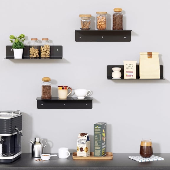 PYAN-12" Black Acrylic Floating Shelves, 4 Pack Small Floating Shelf with Cable Clips for Living Room, Bathroom, Gaming Room, Dorm Wall Display Space