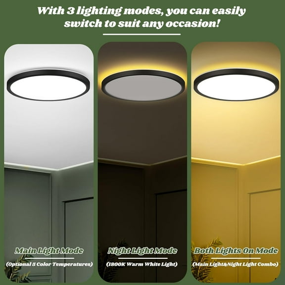 PYAN-12 Inch LED Flush Mount Ceiling Light Fixture with Night Light, 24W 2400LM Modern Ceiling Light, 2700K/3000K/4000K/5000K/6500K Selectable & Dimmable Ceiling Lamp for Bedroom, Black, 1 Pack