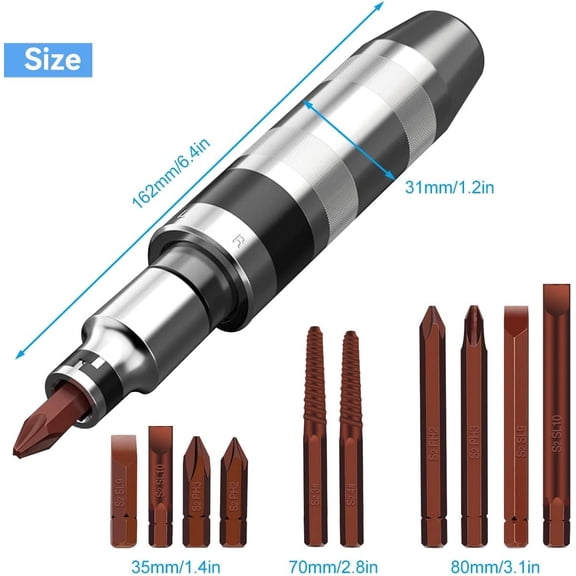PYAN-12 PCS Hammer Impact Screwdriver Set with S2 Alloy Steel Bits, Manual Hand Impact Driver, Destornillador de Impacto, Desarmador de Golpe, Includes Broken Bolt and Rust Screw Extractors