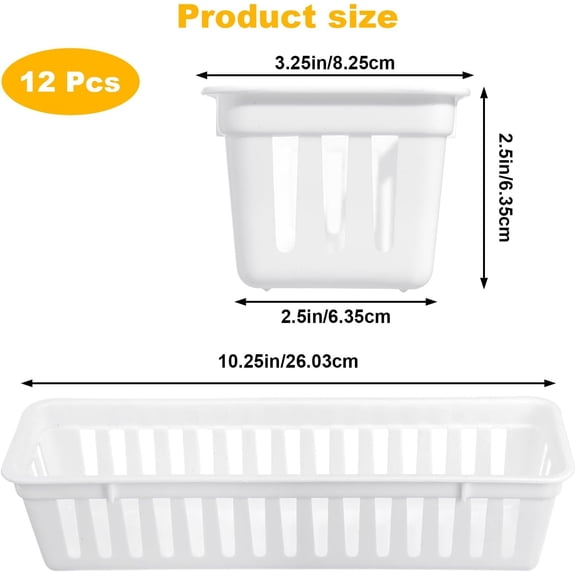 PYAN-12 Pack Plastic Storage Baskets Small Narrow Organizer Bins Stackable Drawer Pen Trays for Desk Cabinet Office Home Garage 10.25 x 3.25 x 2.5 Inch White