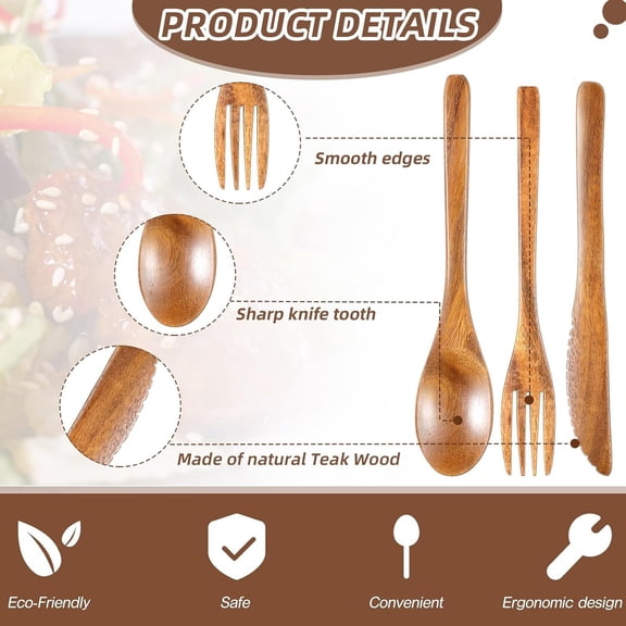 PYAN-12 Pcs Wooden Silverware Wood Utensils for Eating Set Wooden Spoon Fork Knife Cutlery Set Kitchen Dinner Flatware Tableware (Teak Wood)