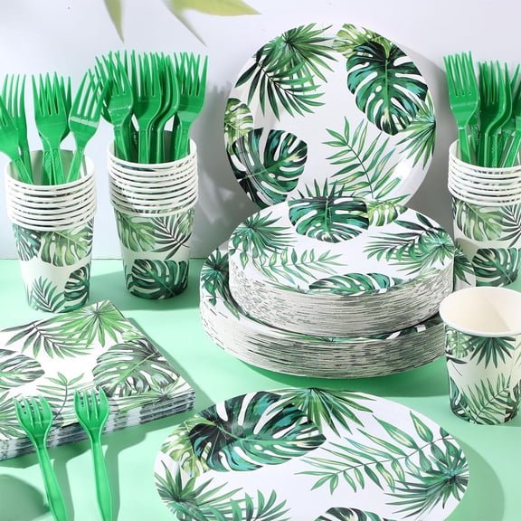 PYAN-120 Pcs Hawaiian Party Decorations Supplies Tropical Palm Leaves Tableware Set for 24 Guests Luau Party Plates Napkins Cups Forks for Summer Safari Jungle Birthday Party Decorations