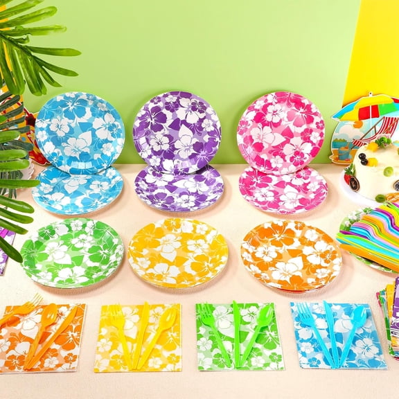 PYAN-120 Pcs Hibiscus Party Plates Napkins Hawaiian Theme Tableware Set for Luau Table Decorations Supplies Tropical Dessert Plates Forks for Aloha Summer Beach Party, Serve 24 Guests