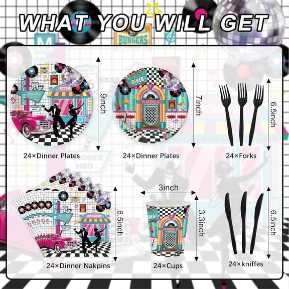 PYAN-120pcs 50's Theme Party Supplies Back To 1950's Sock Hop Birthday Party Decoration Retro Rock And Roll Tableware Fabulous For Serves 20 Guests