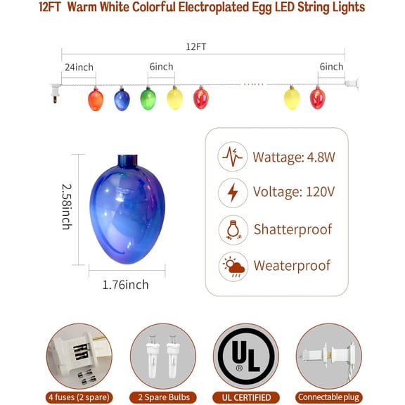 PYAN-12FT Easter Egg String Lights Pastel 3D Fairy Lights for Bedroom, Spring Decor, Mantel, Party Warm Glow, Plug-in, Connectable