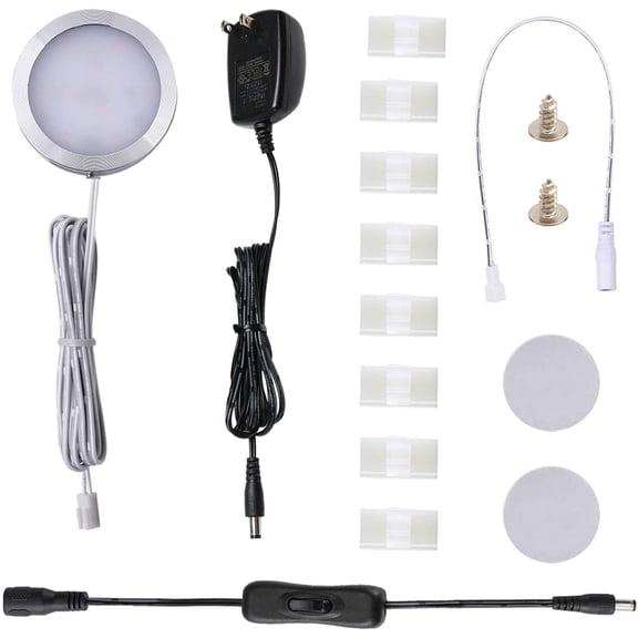 PYAN-12V LED Under Cabinet Puck Lights Plug in, with Manual Switch, Single Puck LED Light for Closet,Counter,Showcase,12Vdc Low Voltage Wall Plug (Daylight White)