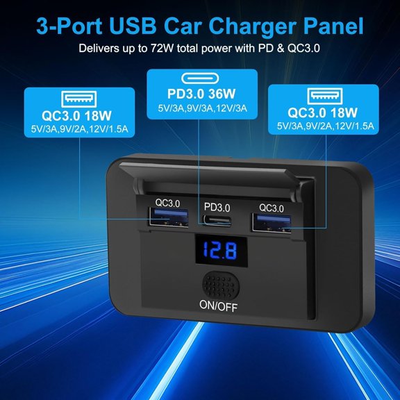 PYAN-12V USB Outlet, Dual 18W QC3.0 USB A & 36W PD Ports, Car Charger Panel with Button Switch & LED Voltmeter for 12V/24V RV Boat Truck