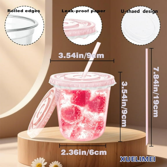 PYAN-12oz Disposable Stemless Glasses with Flat Lids and Straws,PET Disposable Drinking Cups,Clear Plastic Wine Glasses for Parties Birthday,Wedding,Meeting,Christmas Party Supplies. (100, Pink)