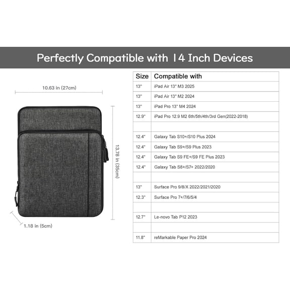 PYAN-13.3 Inch Tablet Sleeve Shoulder Bag Carrying Case for iPad Pro 13" M4 2024, iPad Air 13", iPad Pro 12.9", Galaxy Tab S10+ Plus/S9 FE+/S9+ Plus 12.4", reMarkable Paper Pro 11.8", Dark Gray
