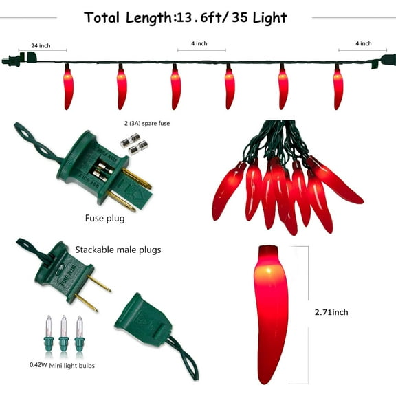 PYAN-13.6FT Chili Pepper String Lights with 37 Mini Red Chili Lights(2 Spare),Chili Pepper Christmas Incandescent Hanging Lights for Indoor Outdoor Patio Kitchen Mexican Christmas Decorations